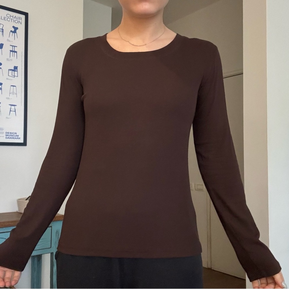 NWOT -  Zara Brown Long Sleeve Round Neck Ribbed Knit Slim Top, Size M